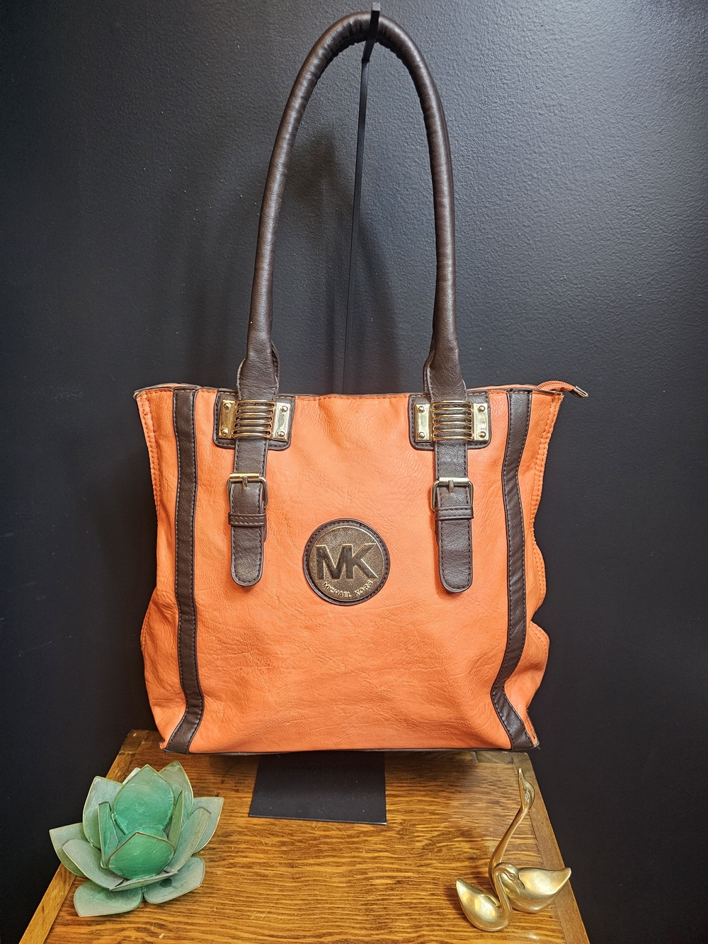 Michael Kors Orange Leather Tote with Brown Trim and MK Medallion